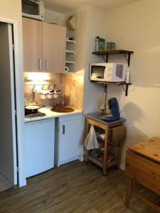 una pequeña cocina con armarios blancos y microondas en Aux pieds des pistes du Seignus calme et charmant en Allos