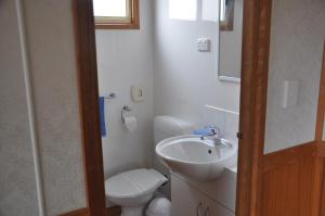 
a bathroom with a toilet, sink and mirror at Western KI Caravan Park & Wildlife Reserve in Flinders Chase
