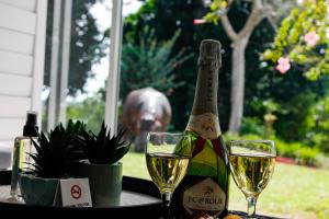 Una botella de champán y dos copas en una mesa. en 3-Bedroom Apartment on the Estuary, en St Lucia