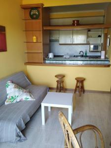 sala de estar con sofá, mesa y cocina en Primera Línea De Playa Avenida De Samil 55, en Vigo