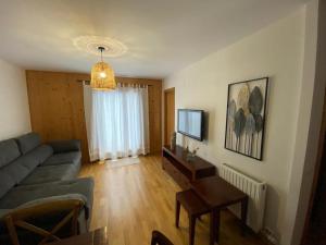 ein Wohnzimmer mit Sofa und Fernseher in der Unterkunft Fantástico Apartamento con jardín en Castiello de Jaca VUT HU-20-007 in Castiello de Jaca