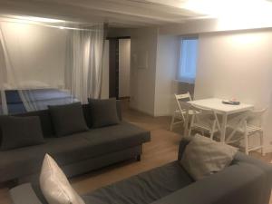 ein Wohnzimmer mit einem Sofa und einem Tisch in der Unterkunft Appartamenti CORRIDONI in Triest