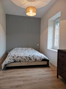 1 dormitorio con 1 cama con pared estampada en Maison de campagne à 1h20 de PARIS, en Saint-Hilaire-les-Andrésis