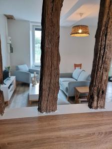 sala de estar con sofá azul y 2 troncos de árbol en Maison de campagne à 1h20 de PARIS, en Saint-Hilaire-les-Andrésis