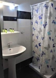 baño con lavabo y cortina de ducha en Hotel Elena, en Édessa