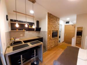 Una cocina con fregadero y encimera en una habitación. en Central Palace Apartmani - Pupinova palata, en Novi Sad