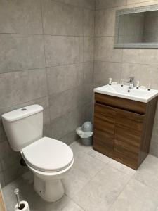 COACHMAN COTTAGE OUTSIDE HOT TUB في Beith: حمام مع مرحاض ومغسلة +9 صور