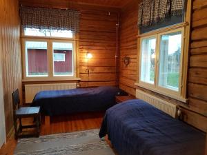KärkkääläにあるRanta-Keurulaの木製の壁と窓のある部屋にベッドが2つある
