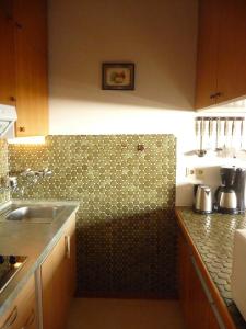 a kitchen with a sink and a tiled wall at STHS79125-FeWo-Oostseebreker in Staberdorf