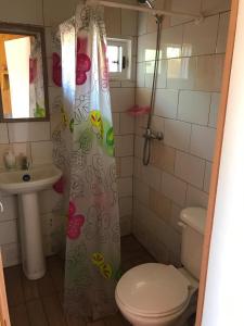 ein Badezimmer mit einem Duschvorhang, einem WC und einem Waschbecken in der Unterkunft Mini Loft in El Quisco