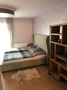 a bedroom with a bed and a window at Wohlfühlappartment in der Altstadt von Steyr in Steyr