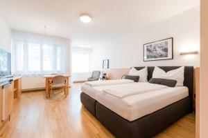 um quarto com uma cama grande, uma secretária e uma mesa em Studiowohnungen am Rieger-Hof em Hartmannsdorf