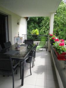 un patio con mesa, sillas y flores en Villa Verdi, en Ostheim