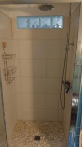 W łazience znajduje się prysznic ze szklanymi drzwiami. w obiekcie chez David w mieście Bressuire