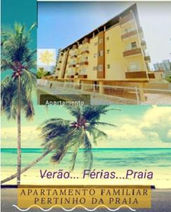 a poster of a hotel on a beach with palm trees at Apto Aconchegante Praia Grande in Praia Grande
