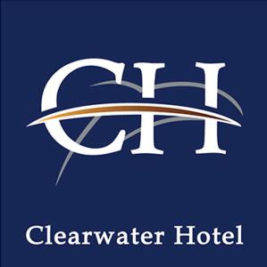 a logo for a clean water hotel on a blue background at Clearwater Hotel in Clearwater