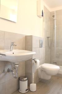 a bathroom with a sink and a toilet at Moderne 1-Zimmer Wohnung mit Terasse, Küche, Bad mit Dusche, TV & WIFI in Burgwedel