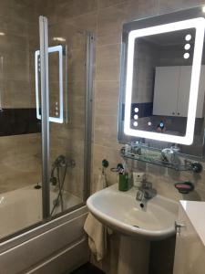 a bathroom with a sink and a shower and a mirror at Purple Suite in Sinaia