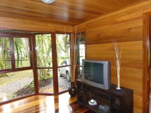 TV en una habitación con paredes y ventanas de madera. en Recanto na Montanha de Gramado en Gramado