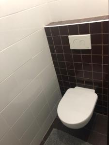 ein Badezimmer mit einem weißen WC und einer braun gefliesten Wand in der Unterkunft Next to university in Debrecen