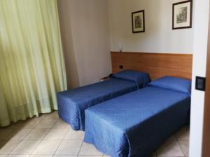ミラノにあるアルベルゴ サレルノのブルーシーツ付きの客室内のベッド2台