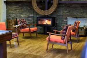 a living room with chairs and a fireplace at Quinta Rainha Santa Mafalda in Pinhão