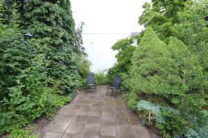 two chairs sitting on a patio between two bushes at Kongensgate Apartments in Kristiansand