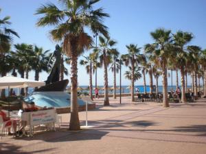 a beach with palm trees and a swimming pool at PUERTO I Playa in Fuengirola