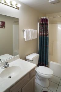 a bathroom with a toilet sink and a shower curtain at River Place Condos #411 3BD in Pigeon Forge