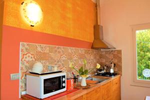 cocina con microondas en la encimera en Levante Blu, en La Spezia