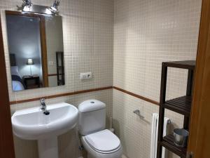 La salle de bains est pourvue d'un lavabo, de toilettes et d'un miroir. dans l'établissement Chalet Los Ibones - Lodge Formigal, à Formigal