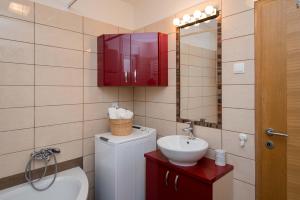 a bathroom with a sink and a toilet and a mirror at Apartman NIVA Daruvar in Daruvar