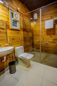 a bathroom with a toilet and a sink and a shower at Mariners Bay Beach Resort in Arambol