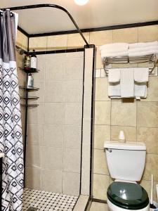 a bathroom with a toilet and a shower with towels at Spring Creek Hotel in Hot Springs