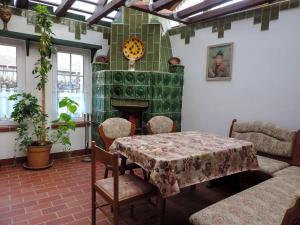a dining room with a table and a fireplace at Stilvolles Ferienhaus Artdeco in Wernigerode