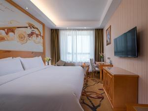 Pokój hotelowy z dużym łóżkiem i telewizorem w obiekcie Vienna Hotel(Fuzhou Changle International Airport) w mieście Fuzhou