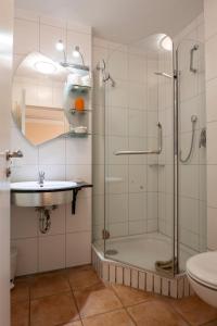 a bathroom with a shower and a sink and a toilet at Hotel Restaurant Meteora in Tübingen