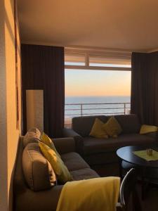 un soggiorno con divano e vista sull'oceano di Strandhotel Wohnung 59 a Dahme