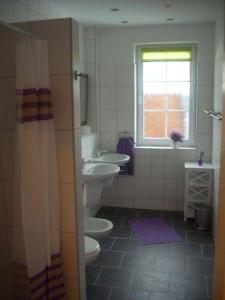 a bathroom with two toilets and a sink and a window at Landhaus Kopendorf in Bojendorf