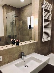 ein Badezimmer mit einem weißen Waschbecken und einer Dusche in der Unterkunft BonusFeature Apartments in Berlin