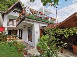 a house with a balcony and a garden at Casa DeLux in Băile Olăneşti