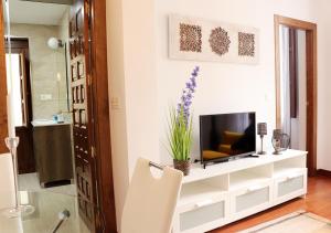 sala de estar con TV en un estante blanco en Deluxe Cathedral, en Granada