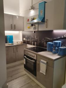 uma cozinha com um forno e uma placa de fogão em Central Lichtenberger Apartment for 6 People em Berlim