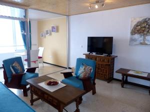 sala de estar con sillas azules y TV en Apartment Cueva del Mar, en Los Realejos