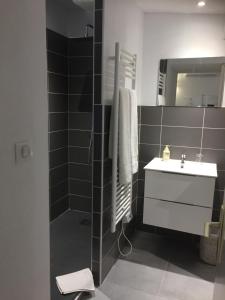 Un baño con ducha, lavabo y espejo. en Chambres d'Hôtes Lovely Planette, en Nimes