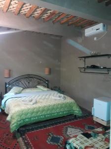 a bedroom with a bed with a green comforter at Riad Tagmadarte Ferme d'Hôte in Zagora