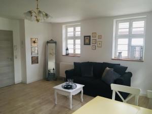 sala de estar con sofá negro y mesa en Freigeist Ferienwohnungen en Haßloch