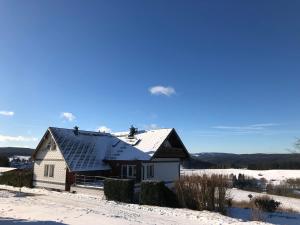 a house with solar panels on the roof in the snow at Ferienwohnung Falkenblick OG im FH Falkenhöhe in Meuselbach-Schwarzmühle