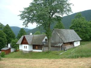 un antiguo granero en una colina con un árbol en Chalupa Velke Borove, en Veľké Borové