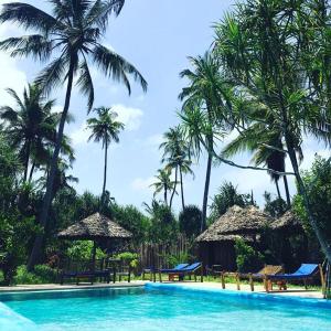 una piscina con sillas y palmeras en Laguna Palace Zanzibar, en Michamvi